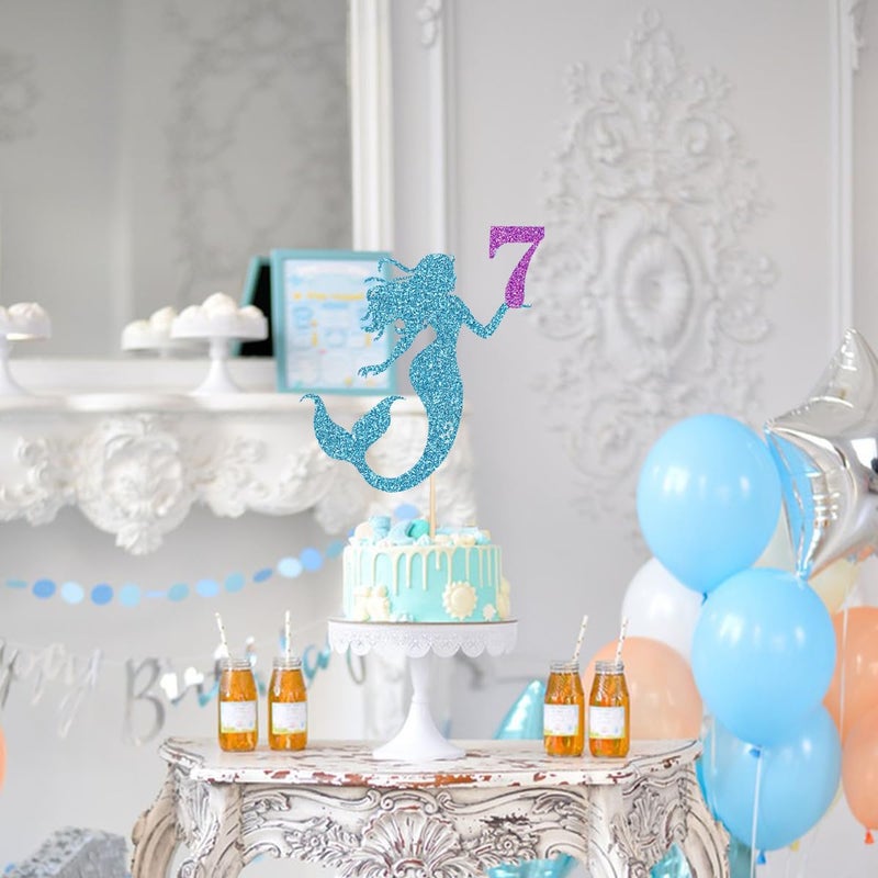 Yetxel Mermaid 7 Cake Topper  Happy 7th Birthday Cake Decor for Baby Girl  Little Mermaid Birthday Party Decoration  Under the Sea Themed Party Supplies  Happy Mermaid's 7th birthday cake top hat - Image 4