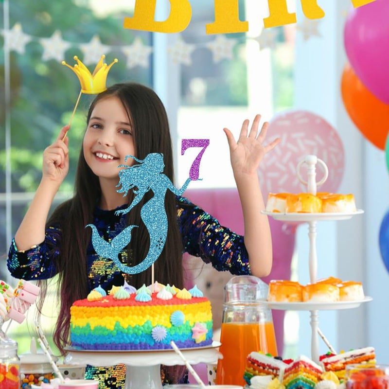 Yetxel Mermaid 7 Cake Topper  Happy 7th Birthday Cake Decor for Baby Girl  Little Mermaid Birthday Party Decoration  Under the Sea Themed Party Supplies  Happy Mermaid's 7th birthday cake top hat - Image 2