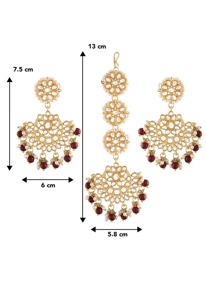 Peora Gold Plated Traditional Maroon Kundan Pearl Chandbali Earrings with Maang Tikka Set For Unisex Adult - Image 4