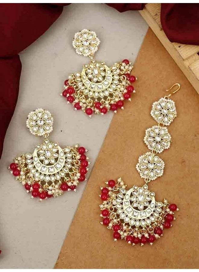 Peora Gold Plated Traditional Maroon Kundan Pearl Chandbali Earrings with Maang Tikka Set For Unisex Adult - Image 5