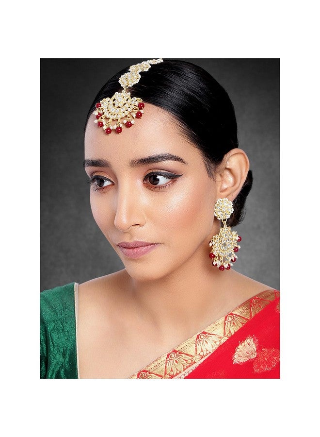 Peora Gold Plated Traditional Maroon Kundan Pearl Chandbali Earrings with Maang Tikka Set For Unisex Adult - Image 2