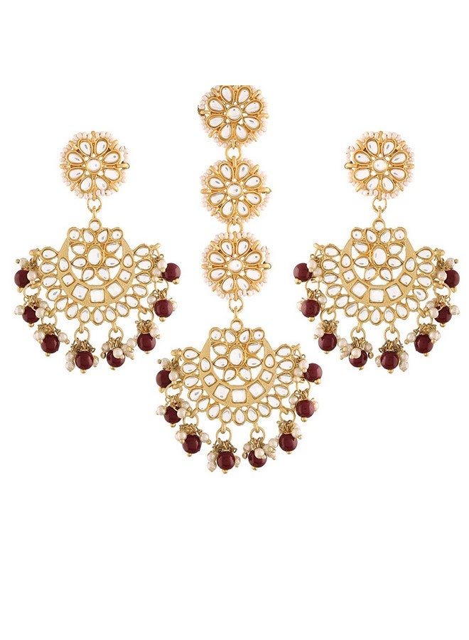 Peora Gold Plated Traditional Maroon Kundan Pearl Chandbali Earrings with Maang Tikka Set For Unisex Adult - Image 1