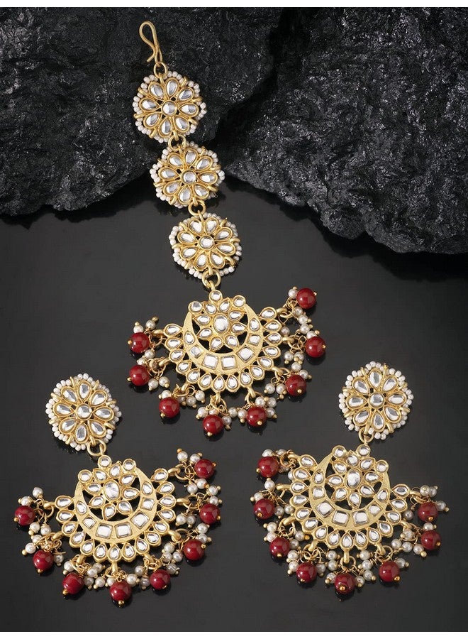 Peora Gold Plated Traditional Maroon Kundan Pearl Chandbali Earrings with Maang Tikka Set For Unisex Adult - Image 3