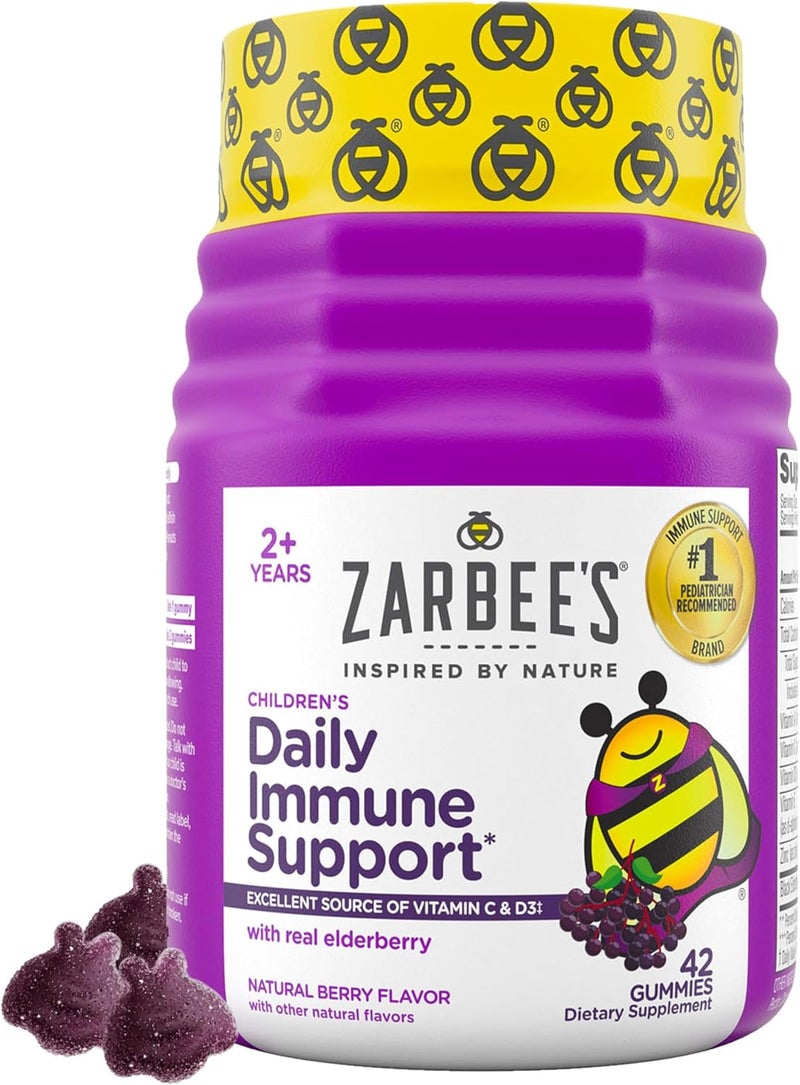 Zarbee's Zarbees Kids Elderberry Immune Support Gummies Daily Vitamins A C D3 E  Zinc Real Elderberry Extract Gelatin  Gluten Free No Artificial Flavors Natural Berry Flavor Ages 2 42 Ct Bottle - Image 1