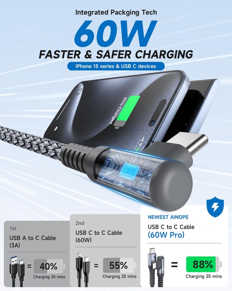 sweguard USB C to USB C Cable 90 Degree [2-Pack, 3m] Type-C Cable 60W Fast Charging cable for iPhone 17/16/15, MacBook Pro/Air, iPad Pro, Sam sung Galaxy S26/S25/S24~S8, Sony, Pixel & All Type-C Devices(Gray) - Image 2