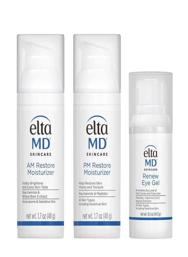 EltaMD Morning and Night Skin Care Kit, AM Restore and PM Restore Facial Moisturizers, Anti-Aging Renew Eye Gel - Image 1
