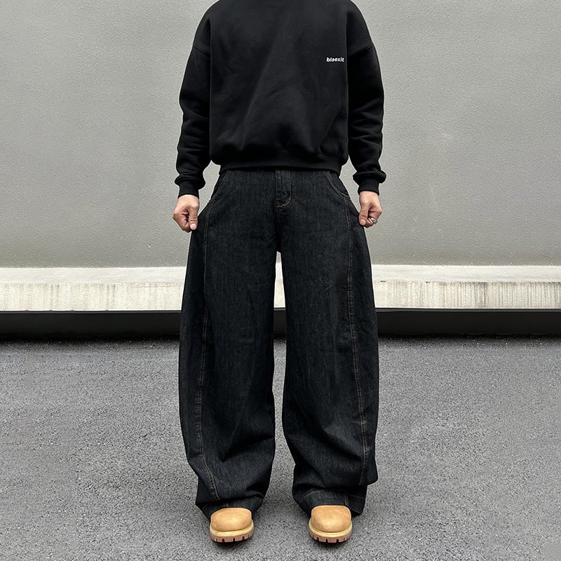 Spring and Autumn New American Style Retro Wide Leg Machete Jeans Mens and Womens Loose Straight Shape Banana Floor Trendy Trousers Black (high quality live)