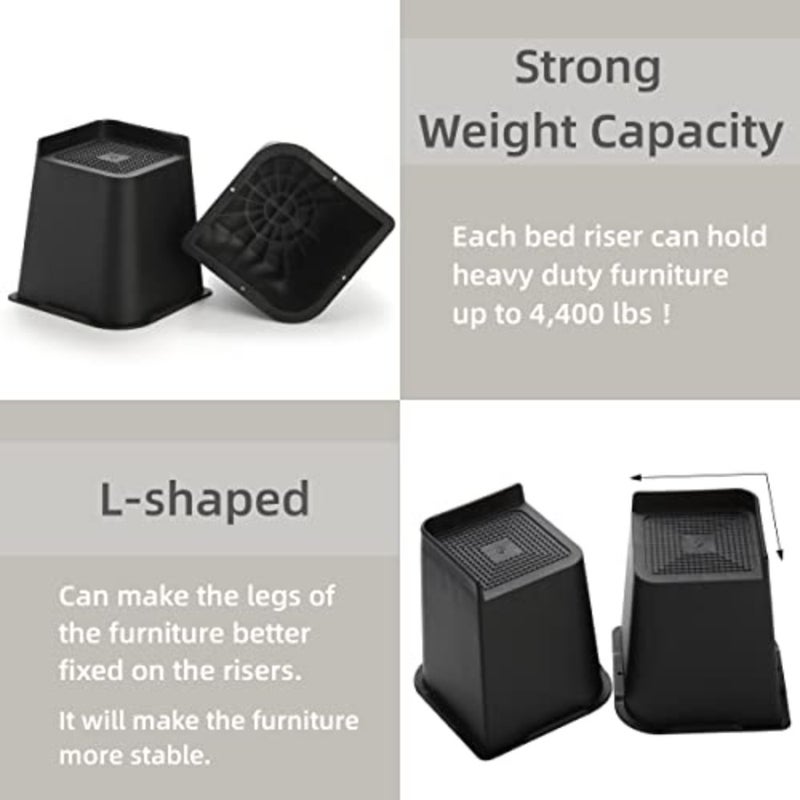Hiceeden 4 Pack Heavy Duty Bed Risers, 6 Inch Lift Couch Furniture Risers, Bed Lifts Risers Raising Blocks Extenders for Table, Desk, TV, Supports Up to 4400 Lbs Black, Trapezium - Image 3
