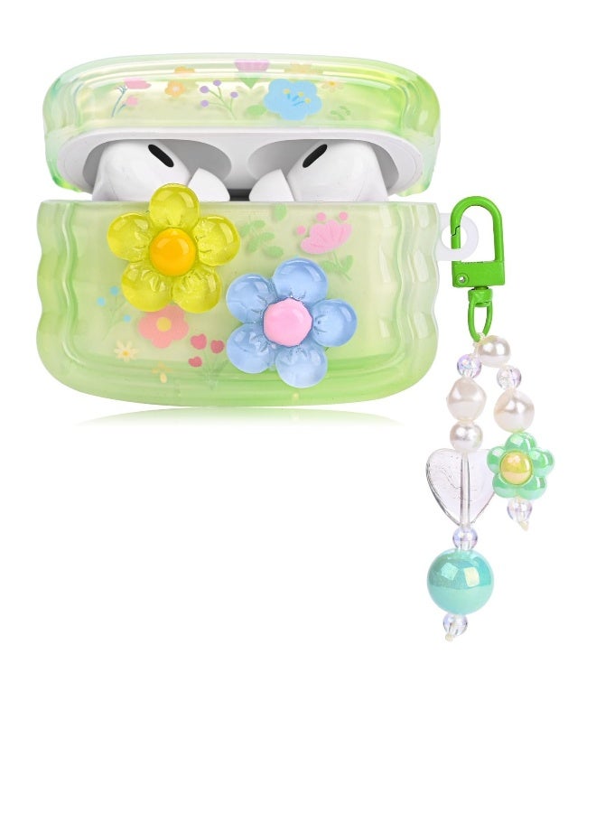 Charming AirPods Pro Case with Curly Wave Frame, Heart Bead Pendant, and 3D Floral Design, Sparkling Glitter Cover for Girls in Green  - Image 1
