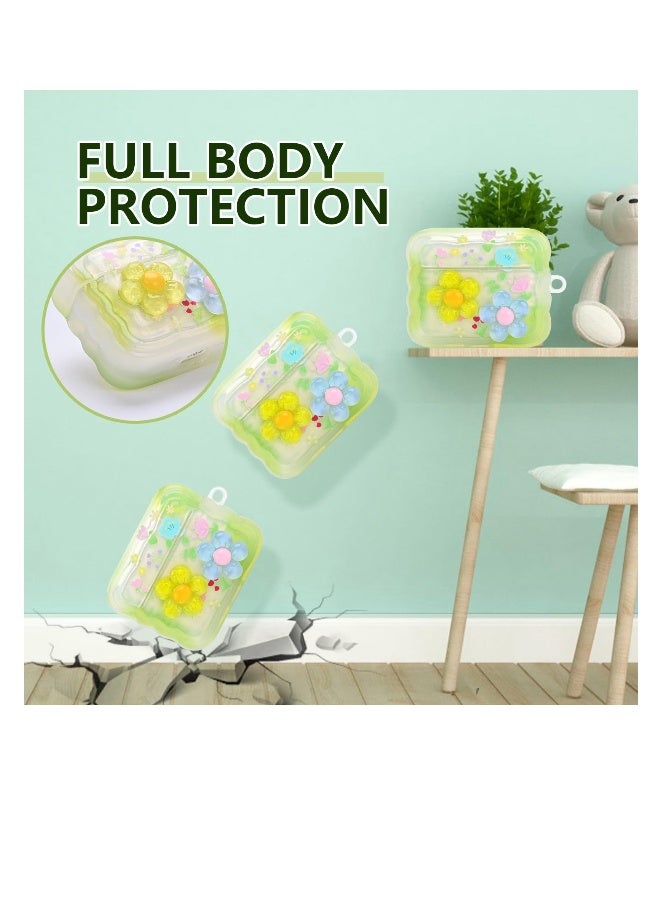 Charming AirPods Pro Case with Curly Wave Frame, Heart Bead Pendant, and 3D Floral Design, Sparkling Glitter Cover for Girls in Green  - Image 5