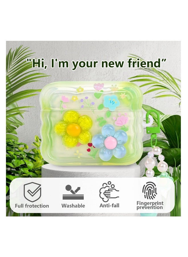 Charming AirPods Pro Case with Curly Wave Frame, Heart Bead Pendant, and 3D Floral Design, Sparkling Glitter Cover for Girls in Green  - Image 3