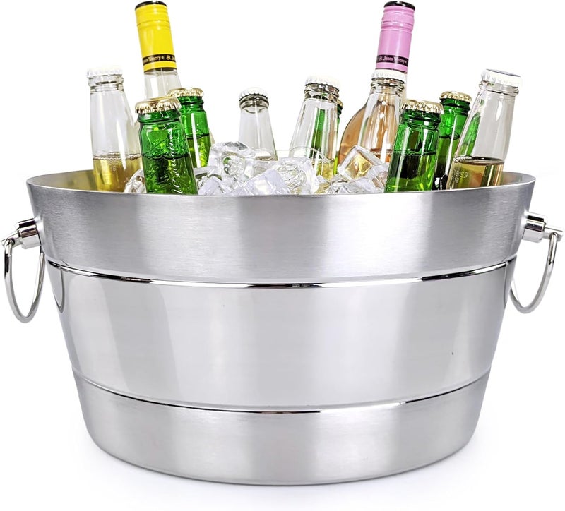 BREKX Stainless Steel Ice Bucket for Parties, Double Wall Insulated Anchored Brushed Drink Tub & Wine Bucket with Double Hinged Handles, Drink Chiller for Parties, 12QT (3 Gallon), 100% Leak Proof - Image 1