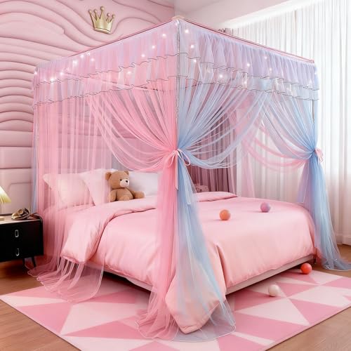 YEERSWAG Full Size Bed Canopy with Lights Bed Canopy for Girls Princess with Luminous Stars Canopy Bed Curtains for Full Bed Kids Indoor Decor Bedroom 4 Corner Post Bunk Bed for Student Dormitory BluePink - Image 1