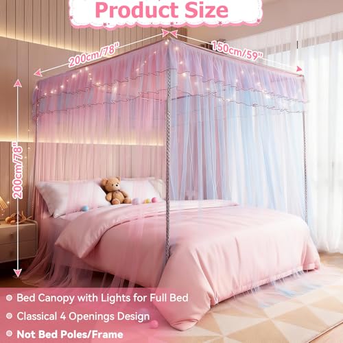 YEERSWAG Full Size Bed Canopy with Lights Bed Canopy for Girls Princess with Luminous Stars Canopy Bed Curtains for Full Bed Kids Indoor Decor Bedroom 4 Corner Post Bunk Bed for Student Dormitory BluePink - Image 3