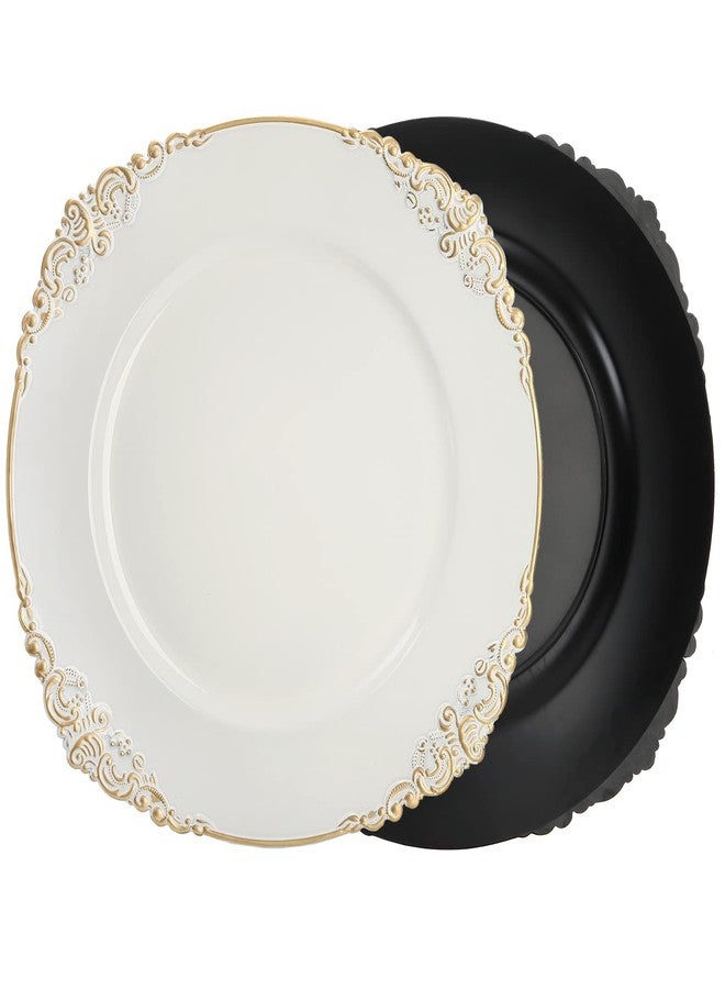 Okllen 12 Pack Plastic Round Charger Plates, 13" Dinner Charger Dessert Plates with Gold Rim, Vintage Charger Serving Plates for Catering, Wedding, Tabletop Decor, White, Floral Trim - Image 3
