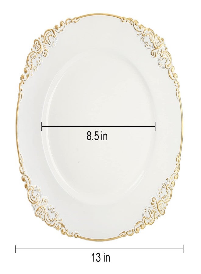 Okllen 12 Pack Plastic Round Charger Plates, 13" Dinner Charger Dessert Plates with Gold Rim, Vintage Charger Serving Plates for Catering, Wedding, Tabletop Decor, White, Floral Trim - Image 2