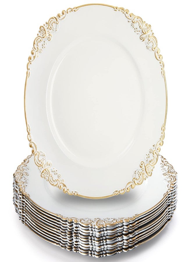Okllen 12 Pack Plastic Round Charger Plates, 13" Dinner Charger Dessert Plates with Gold Rim, Vintage Charger Serving Plates for Catering, Wedding, Tabletop Decor, White, Floral Trim - Image 1