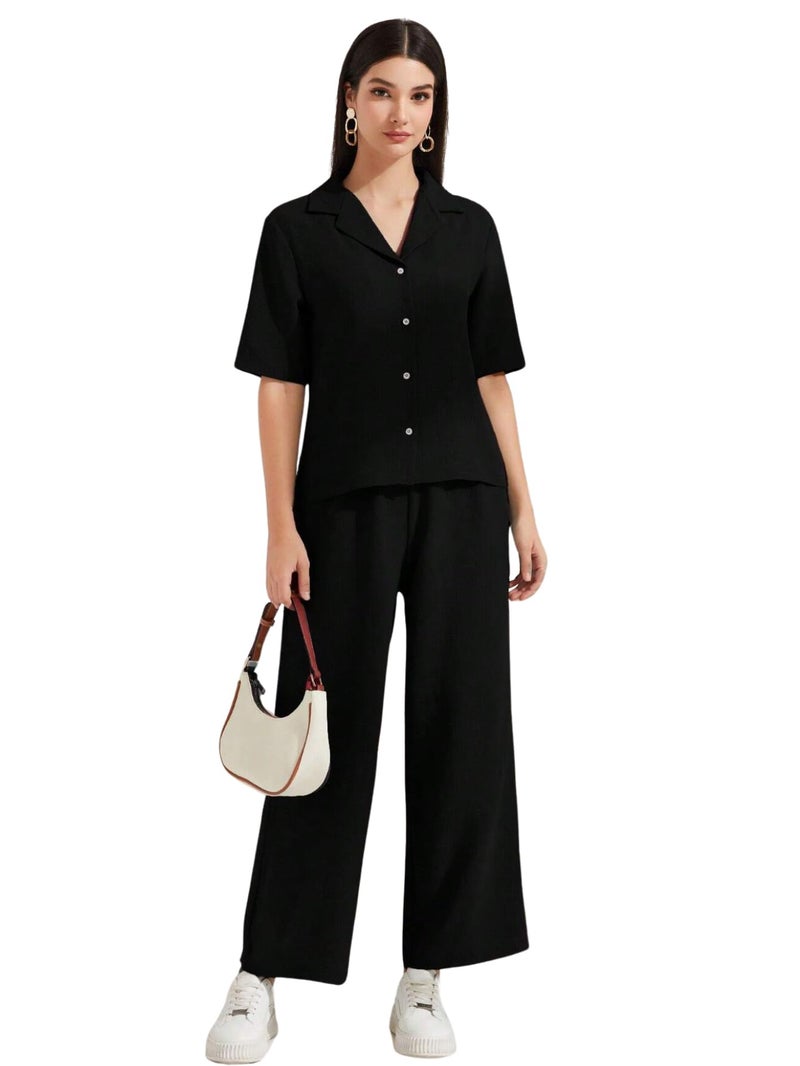 TOPLOT Women's Co-ord Set | Short Sleeve Top & Bottom | Stylish Matching Set | Comfortable Fit Wear | Trendy Look Styling | Easy Movement | Perfect for Casual (5232_M_Black) - Image 4