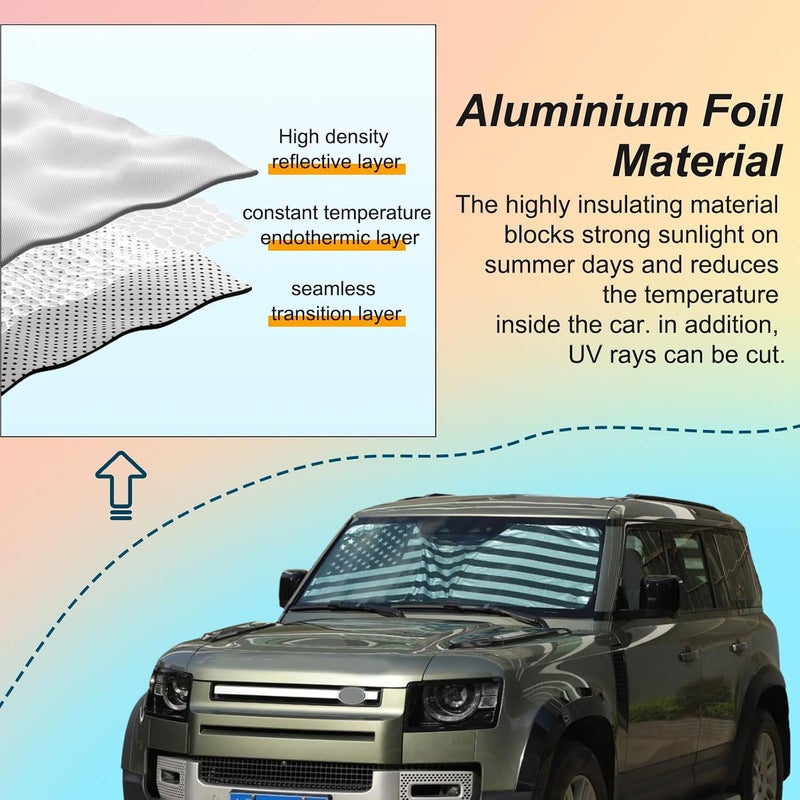 Bekantogy زجاج سيارة متوافق مع طرازات Land Rover Defender 90، 110، 130، 2020-2024؛ يوفر حماية من أشعة الشمس والحرارة، ويمكن طيه لسهولة التخزين. الإصدار: مزين بعلم الولايات المتحدة الأمريكية. - Image 4