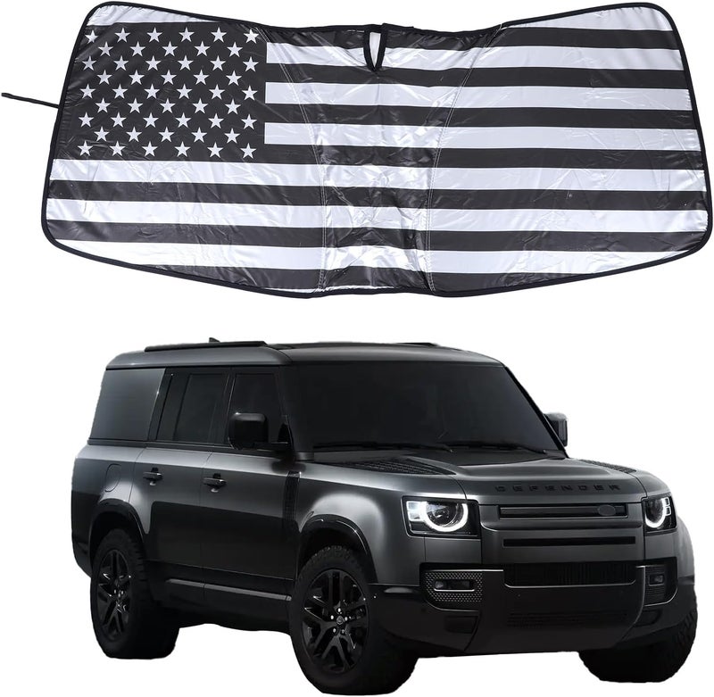 Bekantogy زجاج سيارة متوافق مع طرازات Land Rover Defender 90، 110، 130، 2020-2024؛ يوفر حماية من أشعة الشمس والحرارة، ويمكن طيه لسهولة التخزين. الإصدار: مزين بعلم الولايات المتحدة الأمريكية. - Image 1