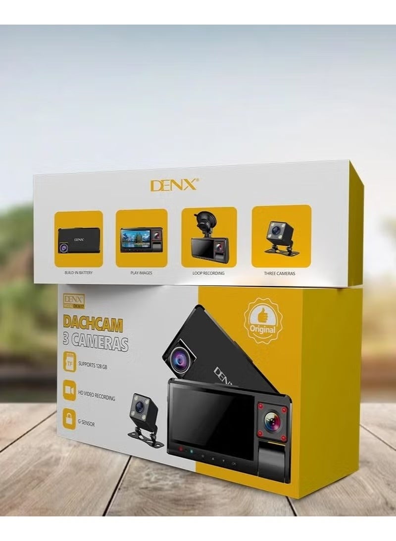 Denx 3-Camera Dash Cam – Front, Rear & Internal Recording with 3-Inch Screen, High-Definition Video, Night Vision, Loop Recording, and Parking Monitoring for Full Vehicle Coverage - Image 3