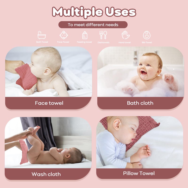 Yoofoss Muslin Baby Washcloths 100% Organic Cotton Face Towels 10 Pack Wash Cloths for Baby 12x12in Soft and Absorbent Baby Wipes (Gradient Pink) - Image 3