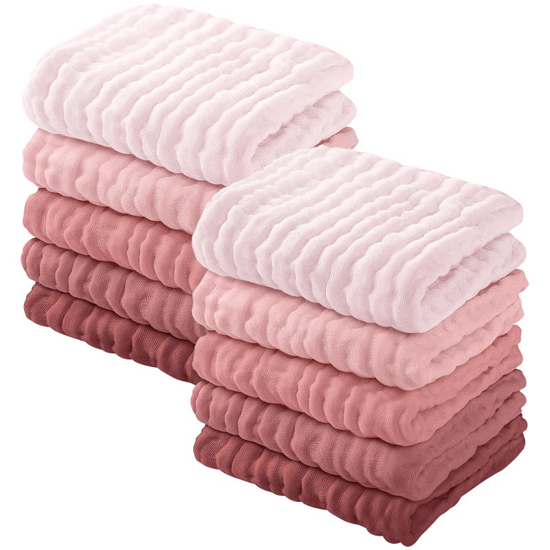 Yoofoss Muslin Baby Washcloths 100% Organic Cotton Face Towels 10 Pack Wash Cloths for Baby 12x12in Soft and Absorbent Baby Wipes (Gradient Pink) - Image 1