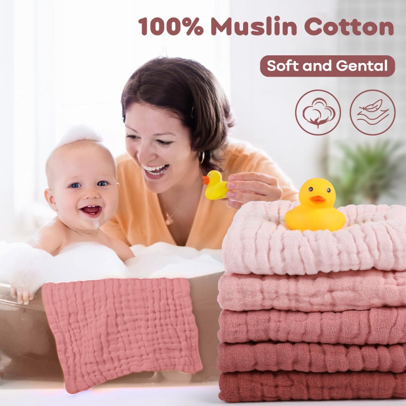 Yoofoss Muslin Baby Washcloths 100% Organic Cotton Face Towels 10 Pack Wash Cloths for Baby 12x12in Soft and Absorbent Baby Wipes (Gradient Pink) - Image 5