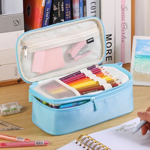 Nuozme Large Pencil Case,Big Capacity Pencil Pouch,Personalized Initial Pencil Bag with smooth zipper,Multiple Pockets,Cute Aesthetic Stationery Pen Case Bag for Teen Girls College (Blue, L) - Image 2