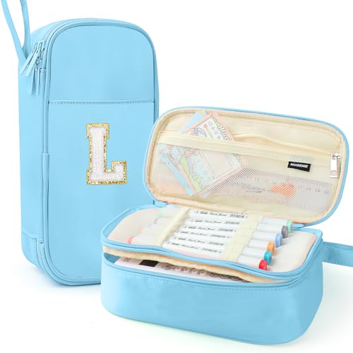 Nuozme Large Pencil Case,Big Capacity Pencil Pouch,Personalized Initial Pencil Bag with smooth zipper,Multiple Pockets,Cute Aesthetic Stationery Pen Case Bag for Teen Girls College (Blue, L) - Image 1