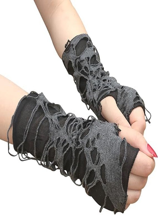 BLUPLE Women's Punk Fingerless Glove Arm Warmers Broken Slit Ripped Gothic Gloves for Halloween Costume Party 1 Pair - Image 3