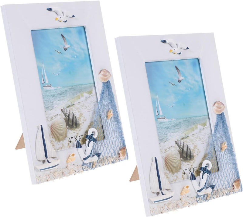 Veemoon Vintage Coastal Photo Frame Set 2pcs, Blue Mediterranean Style Wood Beach Picture Frames, Rustic Tabletop Display for Home, Wedding, Holiday Décor - Image 1