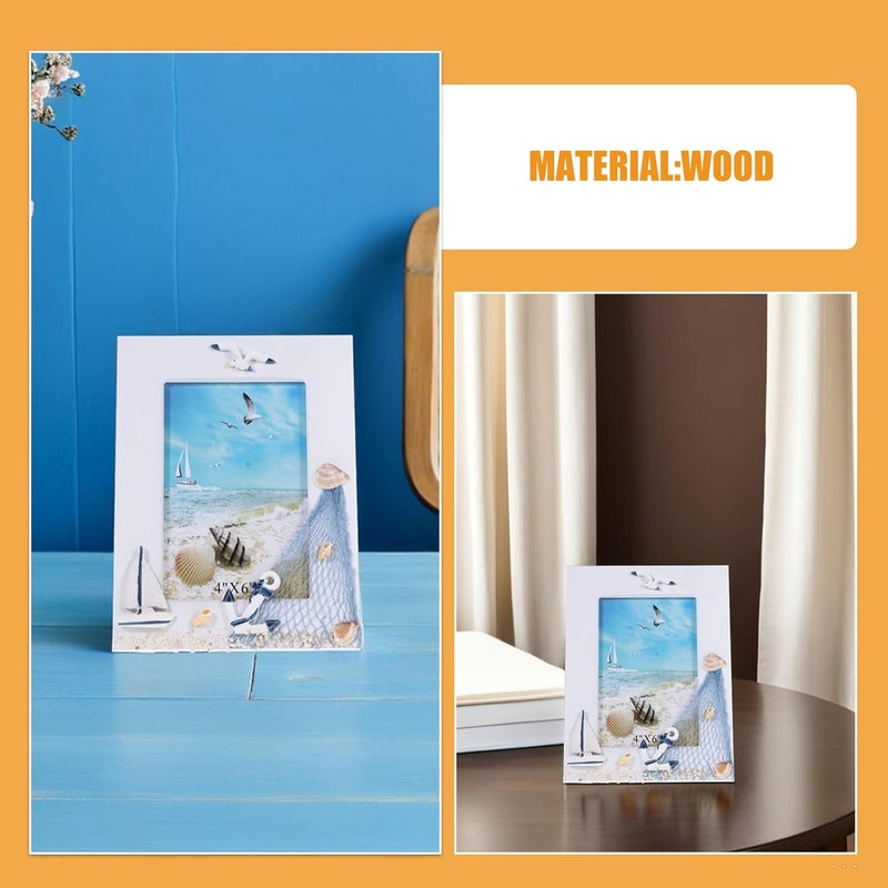 Veemoon Vintage Coastal Photo Frame Set 2pcs, Blue Mediterranean Style Wood Beach Picture Frames, Rustic Tabletop Display for Home, Wedding, Holiday Décor - Image 3