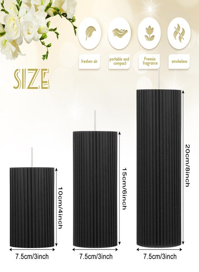 Conelist Ribbed Pillar Candles Set of 3, Width 3" High 4" 6" 8" Large Soy Wax Scented Pillar Candles Aesthetic Candles Ribbed Candles Modern Home Decor for Bathroom Living Room (Black) - Image 2