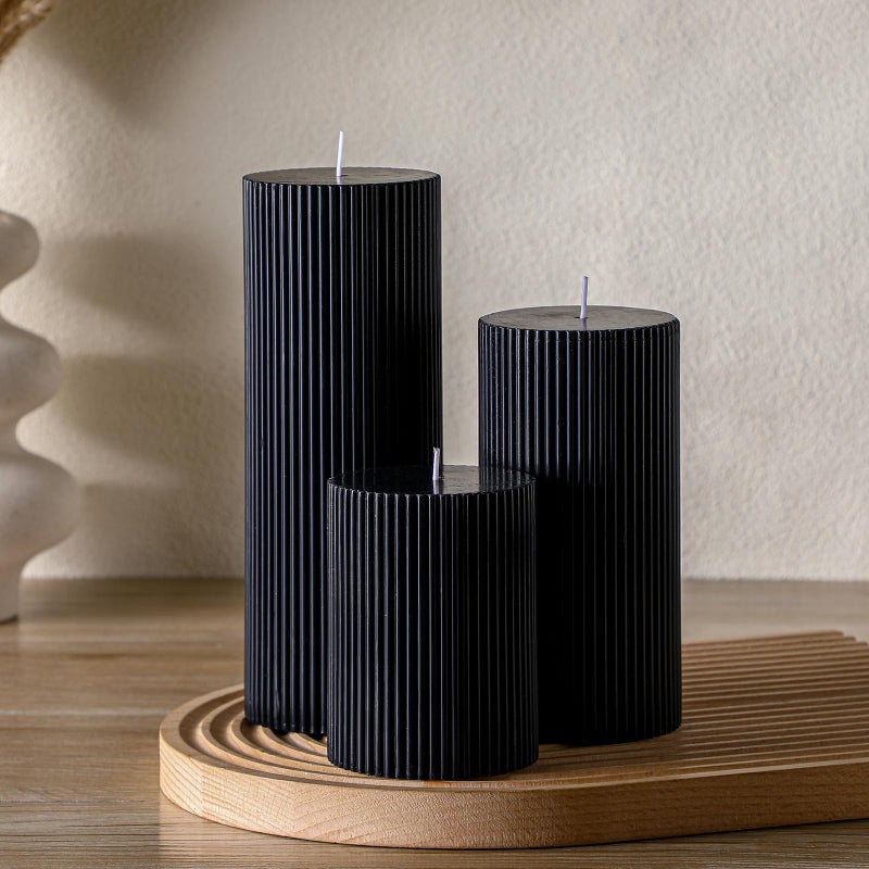 Conelist Ribbed Pillar Candles Set of 3, Width 3" High 4" 6" 8" Large Soy Wax Scented Pillar Candles Aesthetic Candles Ribbed Candles Modern Home Decor for Bathroom Living Room (Black) - Image 1