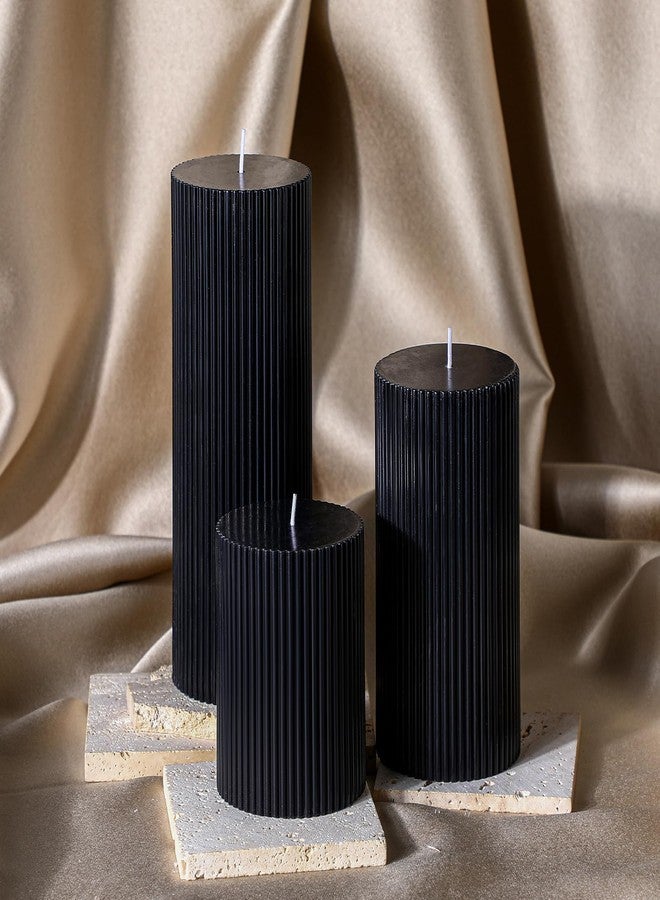 Conelist Ribbed Pillar Candles Set of 3, Width 3" High 4" 6" 8" Large Soy Wax Scented Pillar Candles Aesthetic Candles Ribbed Candles Modern Home Decor for Bathroom Living Room (Black) - Image 4