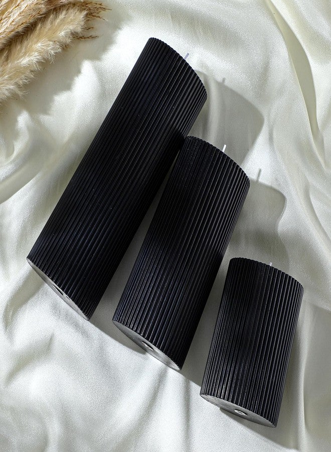 Conelist Ribbed Pillar Candles Set of 3, Width 3" High 4" 6" 8" Large Soy Wax Scented Pillar Candles Aesthetic Candles Ribbed Candles Modern Home Decor for Bathroom Living Room (Black) - Image 5