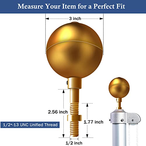 NQ Flag Pole Ball Topper Ornament - Flagpole Top Replacement, Gold Aluminum Anodized Finish - 1/2"-13UNC Threading Fit Most USA Flag Pole,Truck & Solar Light (3", Gold) - Image 3
