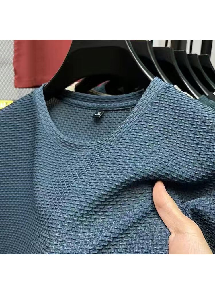 Generic - Mens Ice Silk Short Sleeve T-Shirt round Neck Summer Base Layer Top Sporty Casual Loose Fit Solid Color Bamboo Nodding Cotton fog blue - Image 1