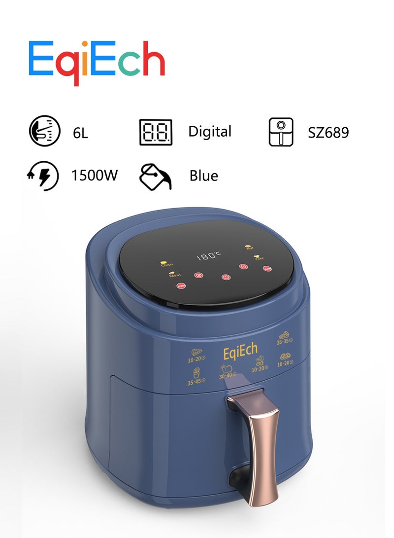 EqiEch Air Fryer 6 Liter 1500 W ,Digital Touch Panel LCD Display Smart Air Fryer with 4 Presets Timer Automatic Power-Off Function and Non-Stick Dishwasher-Safe Parts, Blue - Image 1