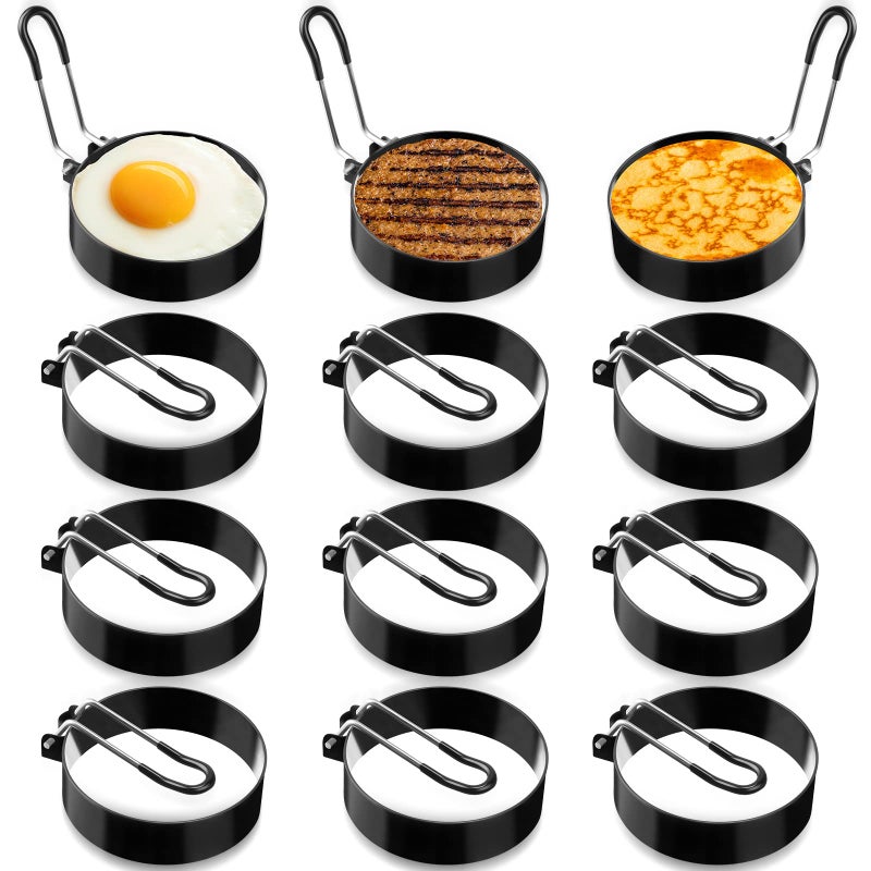 Yaomiao 12 Pcs Egg Rings for Frying Eggs Nonstick Pancake Mold Stainless Steel Egg Mold Portable Round Shaper with Handle for Cooking Griddle Camping Breakfast3 Inch