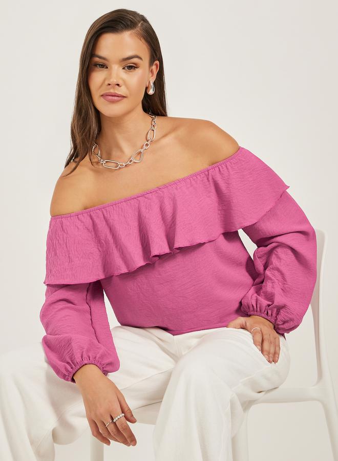 Styli Solid Ruffled Trim Off Shoulder Neck Blouse  - Image 1