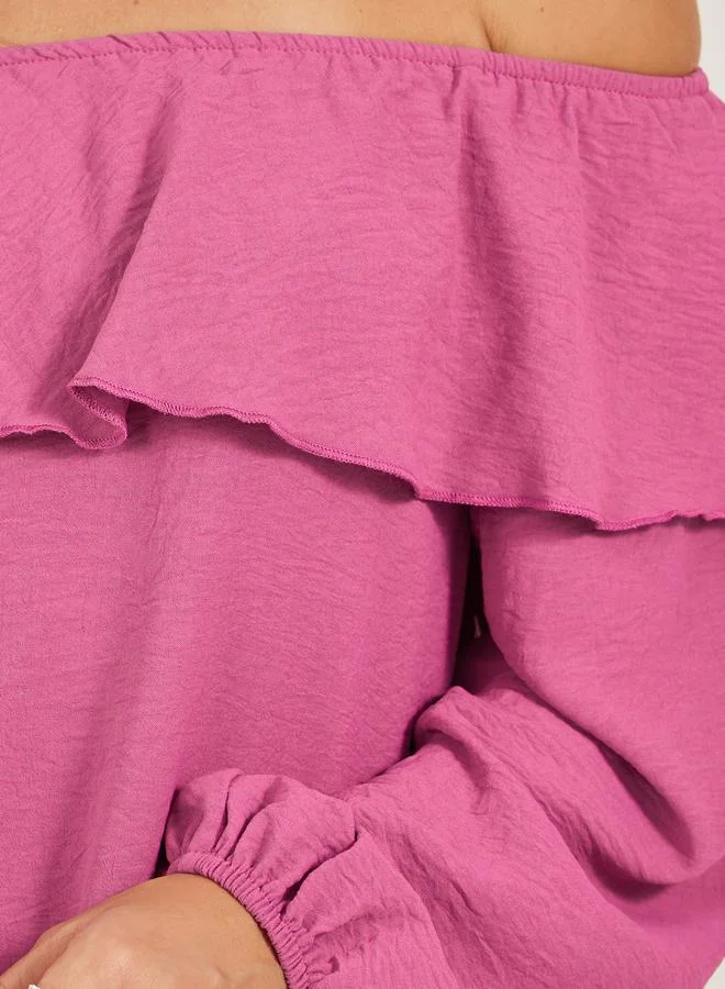 Styli Solid Ruffled Trim Off Shoulder Neck Blouse