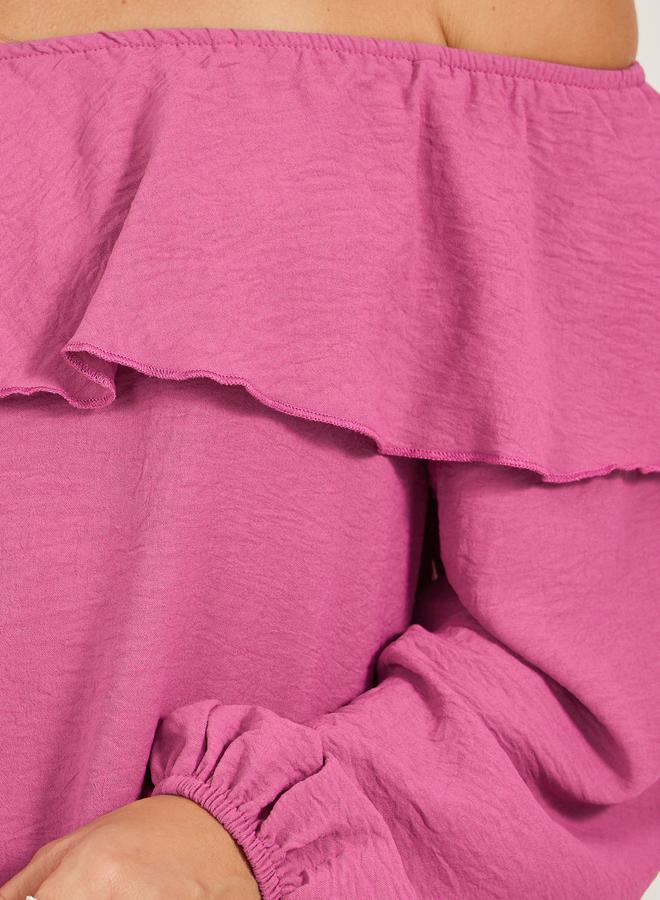 Styli Solid Ruffled Trim Off Shoulder Neck Blouse  - Image 4