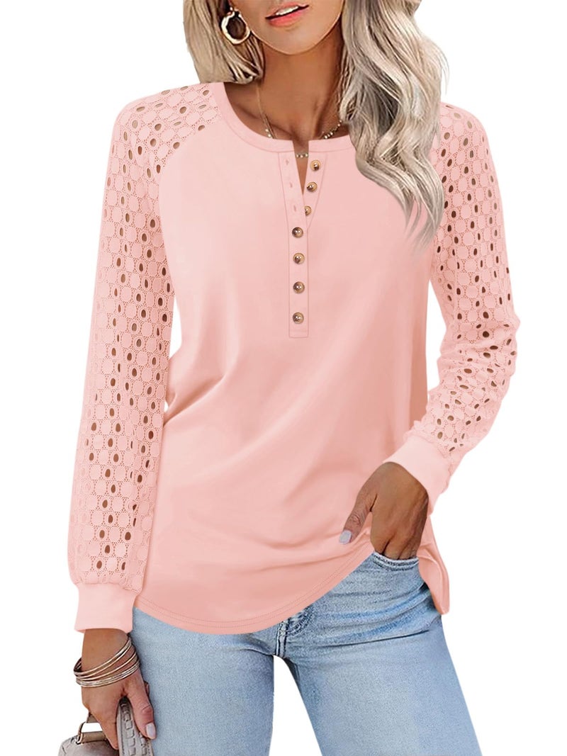 Minetom Women's Lace Long Sleeve Tops Henley Shirts Casual Blouses T Shirts Fall Clothes Pink - Image 1