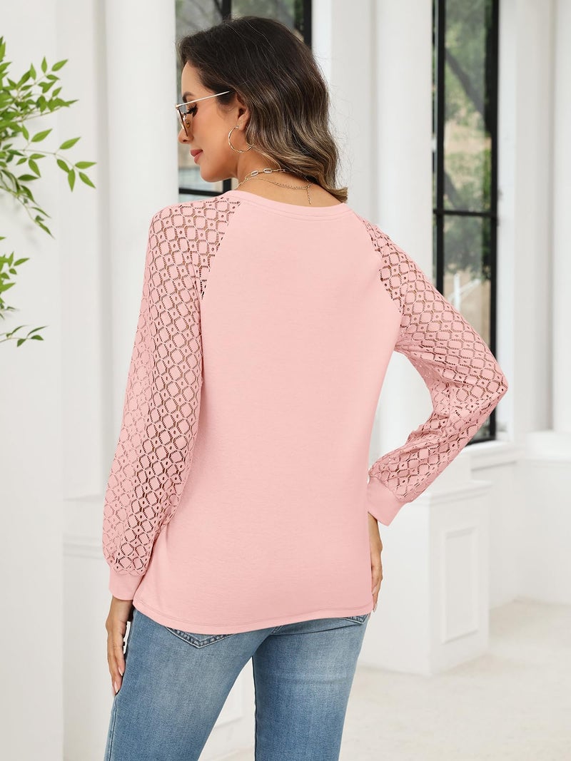 Minetom Women's Lace Long Sleeve Tops Henley Shirts Casual Blouses T Shirts Fall Clothes Pink - Image 5