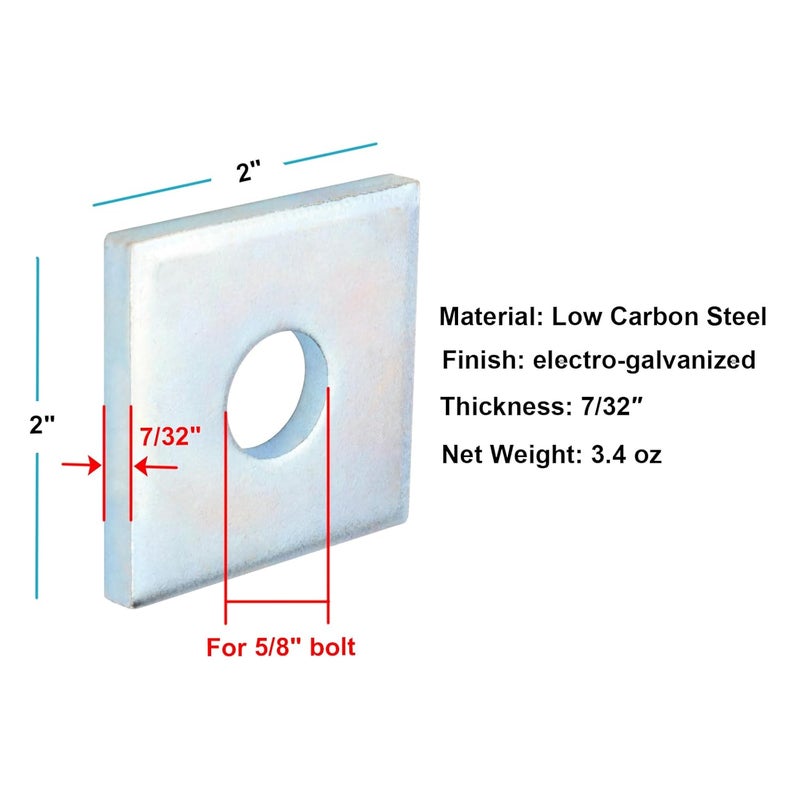 heneng 10 Pcs Square Plate Washers 5/8" (ID) x 2" x 2", Flat Bearing Plate Washers, 7/32" Thick - Image 2