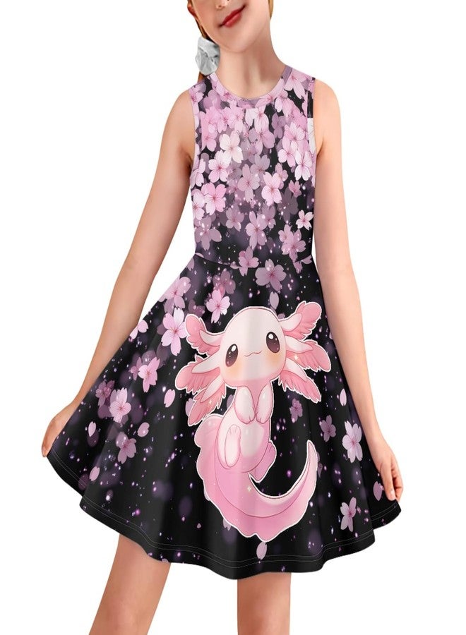 ZPINXIGN Cherry Blossom Axolotl Dresses for Girls Size 7-8 Kids Skater Dress Sleeveless Cute Outfits Pink Twirly Sundress Casual Clothes for Summer Spring - Image 1