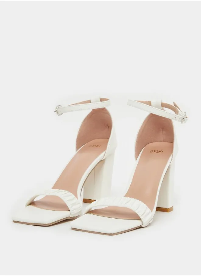 ستايلي Pleated Ankle Strap Block Heel Sandals