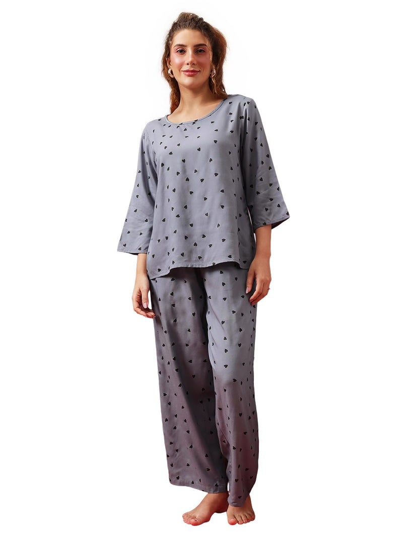 Clovia Women's Rayon Polka Printed Top & Pyjama Set (LS0543P01_Grey_XL) - Image 5